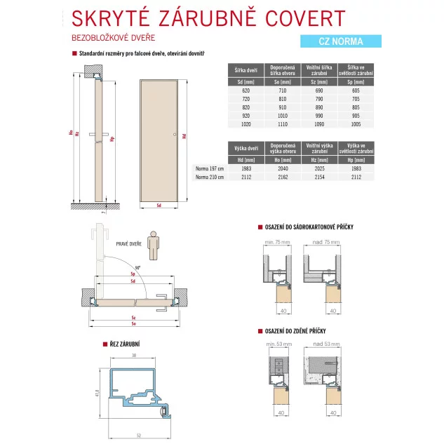 Skryté zárubne - Bezobložkové dvere, Otváranie dovnútra (CZ Norma)